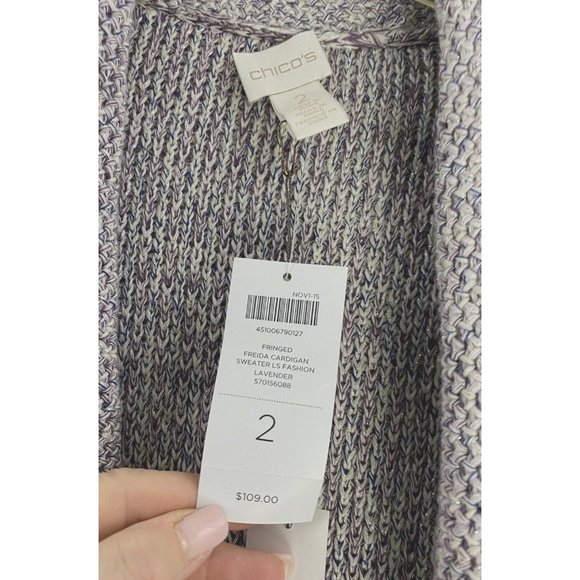 Chico's Freida Fringe Open Knit Cardigan Sweater Lavender Silver Metallic $109 - Picture 7 of 13